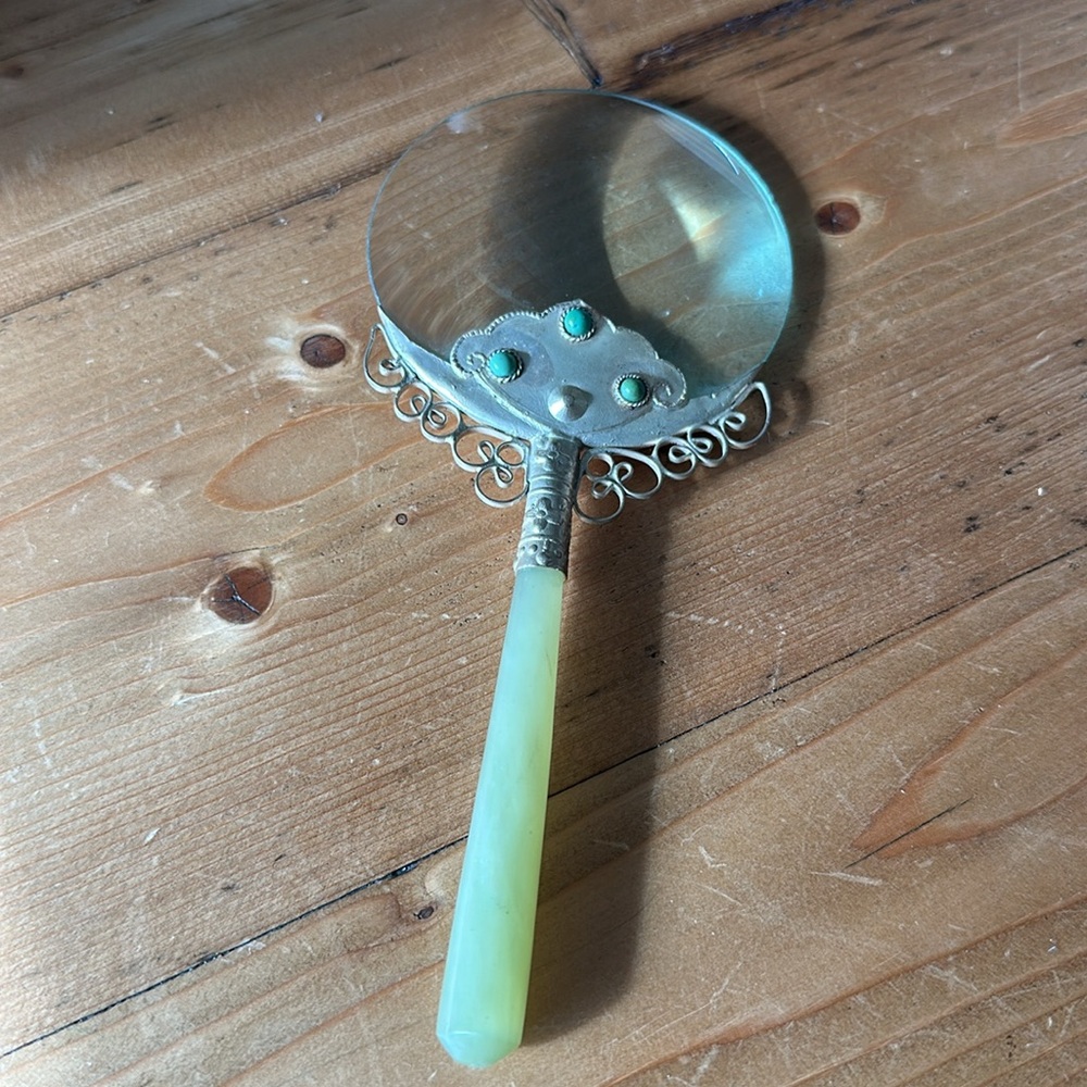 Antique 1900's Jade Stone Handled & Silver Filigree Magnifying Glass